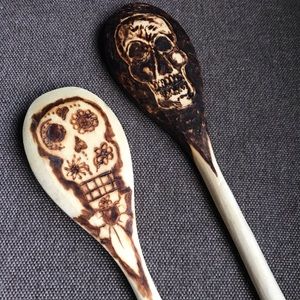 Two custom SKULL artisan wood burned spoons
